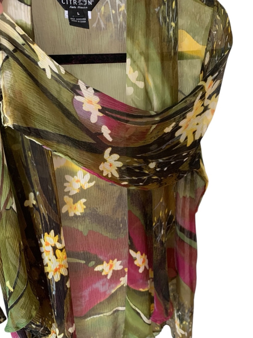 Citron Santa Monica 100% Silk Floral Kimono Cardigan Landscape Watercolor Large - Picture 9 of 13
